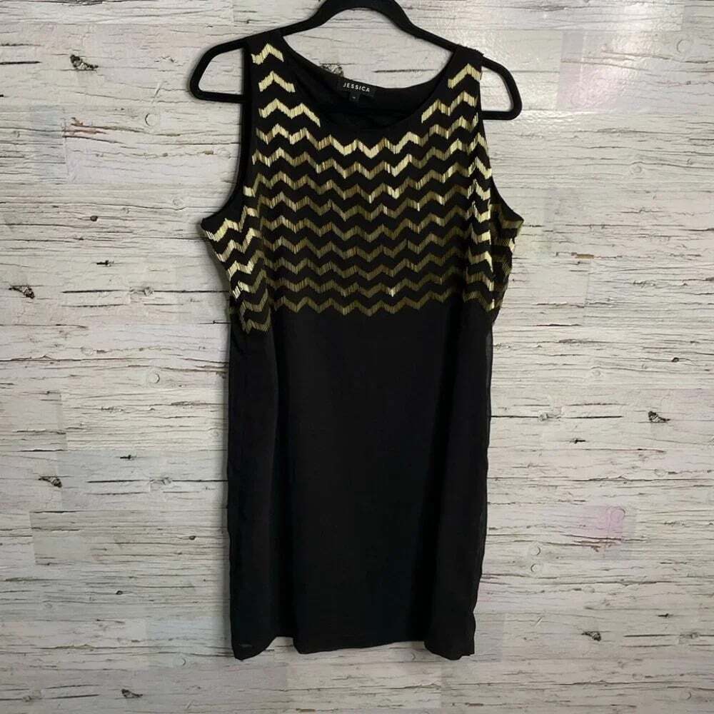 Jessica dress midi black gold chevron dress sheath sleeveless size  14